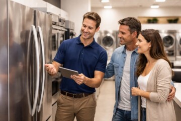 Appliance store salesperson assisting customer with modern refrigerator and oven in bright showroom environment