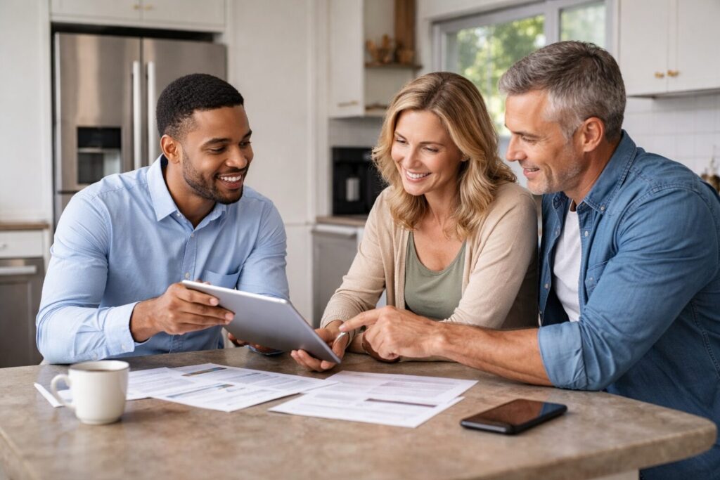 couple discussing appliance warranty options with sales associate in modern appliance showroom