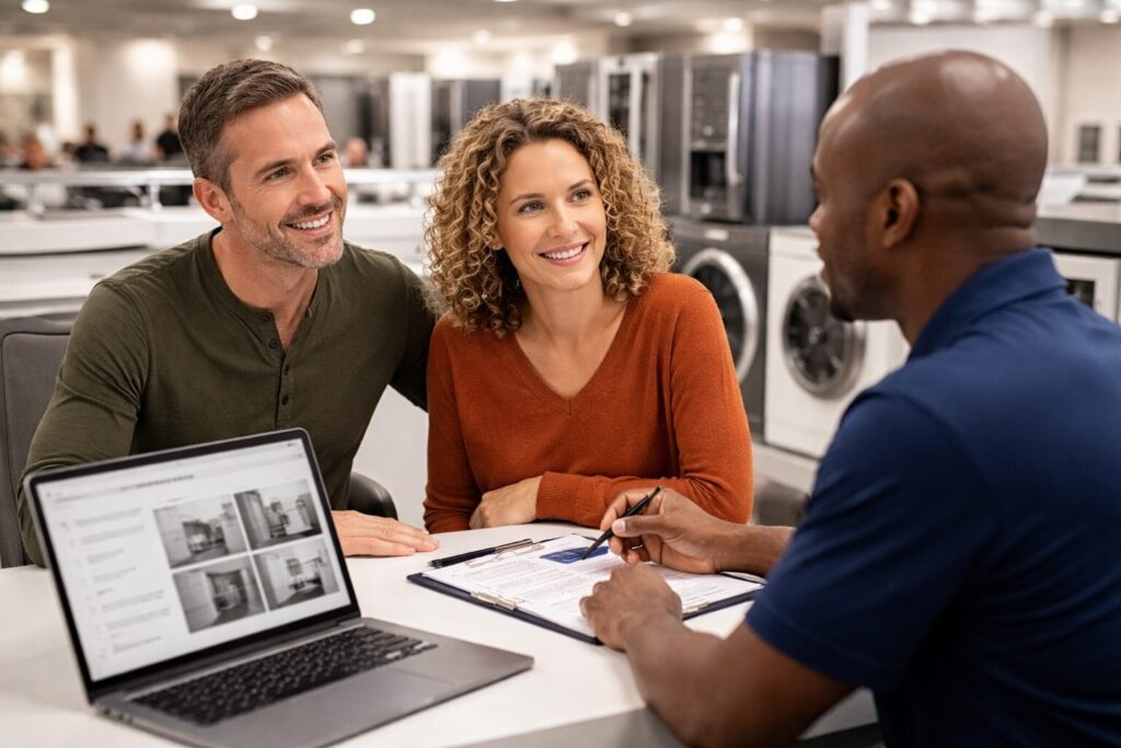 Couple discussing extended warranty options with appliance sales associate in modern appliance showroom