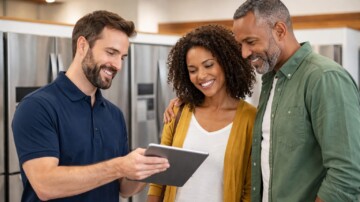 Appliance sales associate helping a middle-aged couple choose a refrigerator in a bright modern showroom