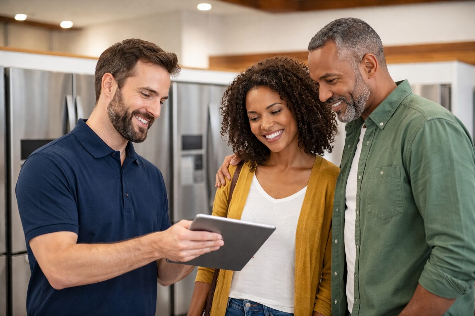 Appliance sales associate helping a middle-aged couple choose a refrigerator in a bright modern showroom