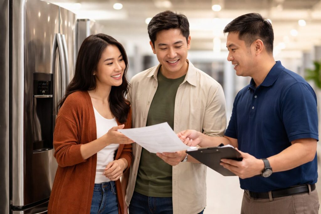 Asian appliance sales associate discussing warranty options with a middle-aged couple in a modern kitchen showroom