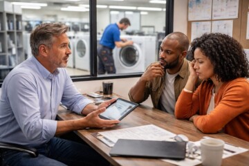 Appliance technician explaining repair details to a middle-aged couple in a modern kitchen with new appliances