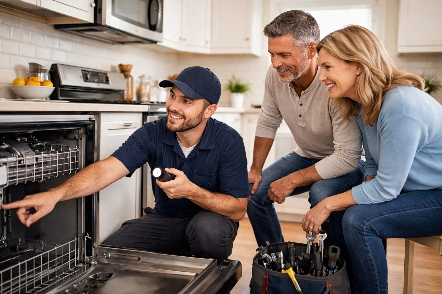 Homeowner and appliance technician discussing repair in modern kitchen with new appliances and natural light