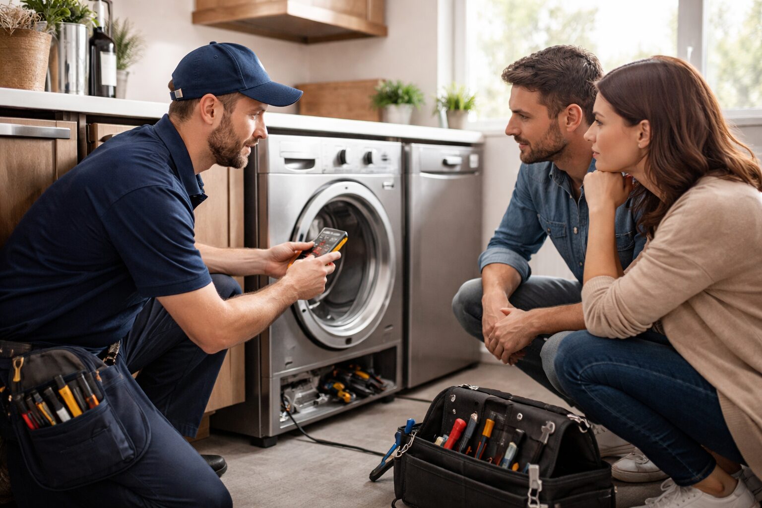 Appliance technician inspecting a modern kitchen appliance while homeowner watches and discusses repair details