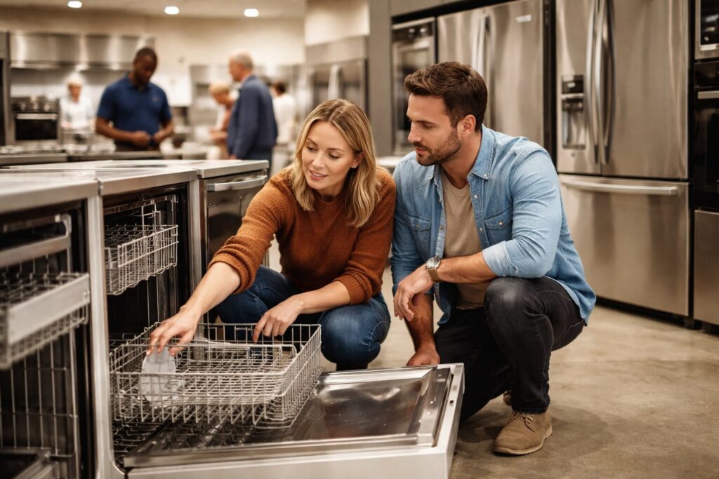 couple examining modern kitchen appliances in showroom discussing features and reliability differences between models