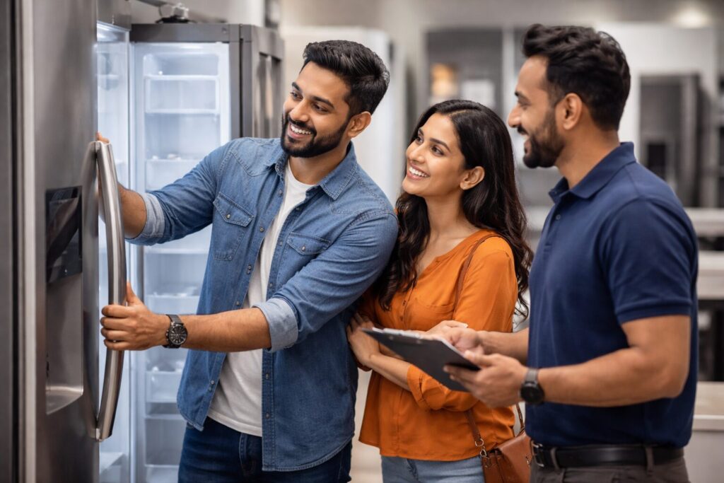 Indian couple discussing warranty options with appliance sales associate in modern kitchen showroom