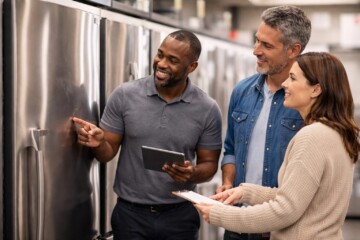 couple reviewing warranty paperwork while standing next to a new stainless steel refrigerator in a modern kitchen showroom