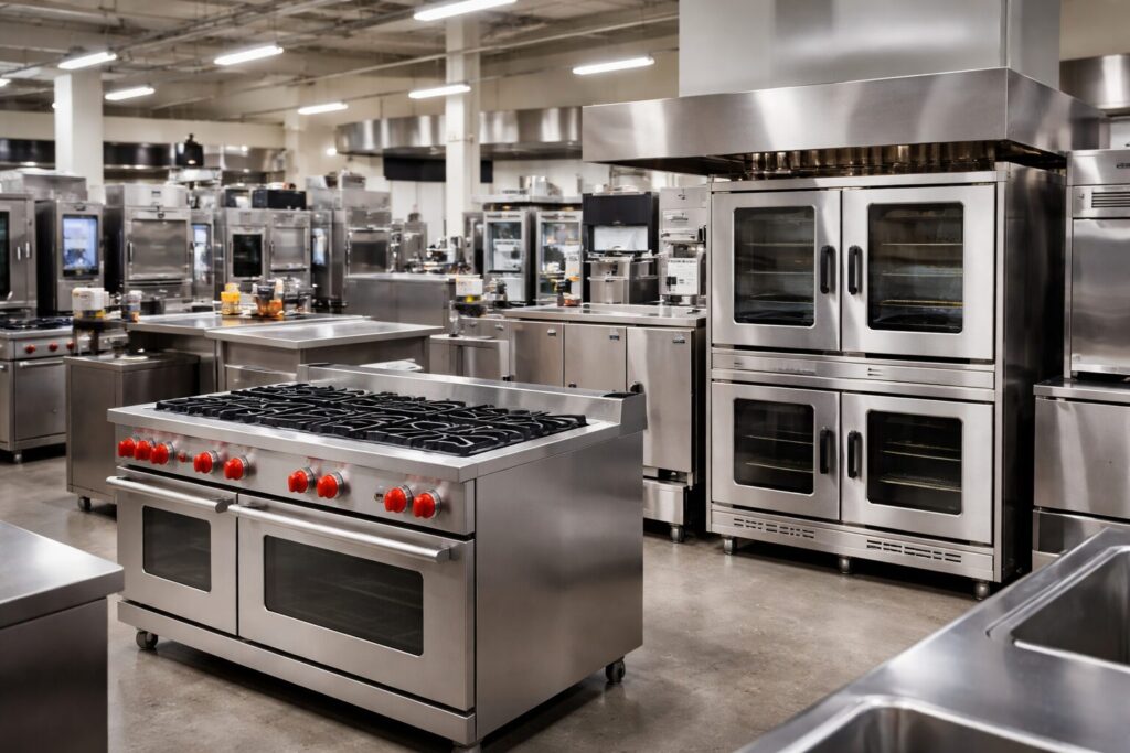 commercial kitchen with stainless steel ovens and prep stations in active restaurant environment without people visible