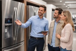 salesperson explaining warranty options to a customer in a modern appliance store showroom with refrigerators and ovens