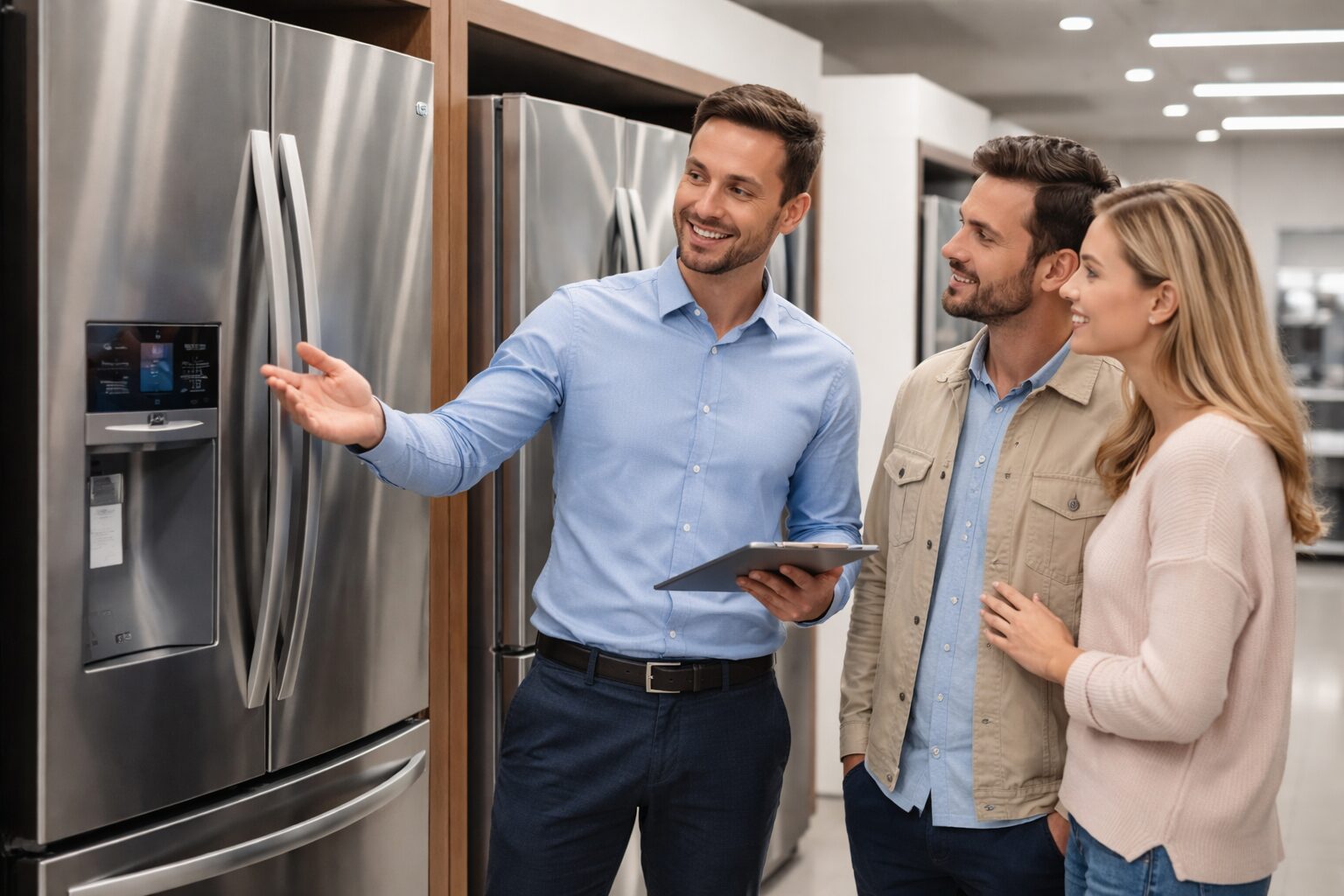salesperson explaining warranty options to a customer in a modern appliance store showroom with refrigerators and ovens
