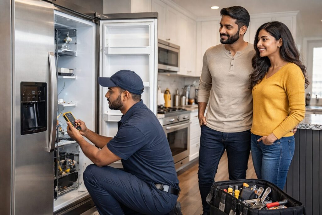 Indian appliance technician repairing a modern kitchen appliance while a middle-aged couple watches attentively in a bright