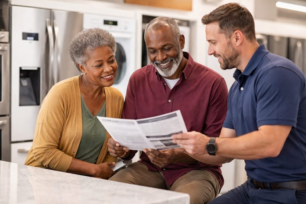 Black older couple discussing appliance options with a sales associate in a modern appliance showroom