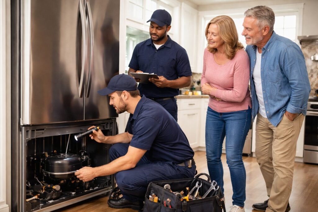 Appliance technician repairing a modern kitchen appliance while homeowner observes in a bright contemporary kitchen