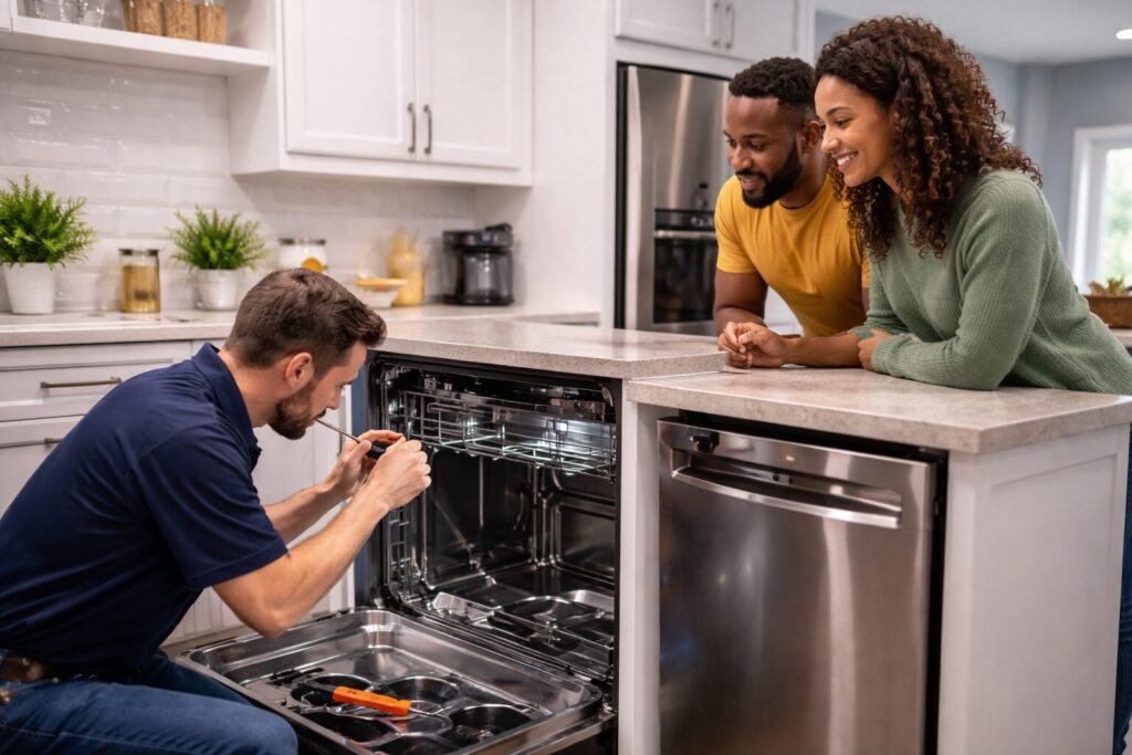Appliance technician repairing a modern kitchen appliance while homeowner observes in a bright contemporary kitchen