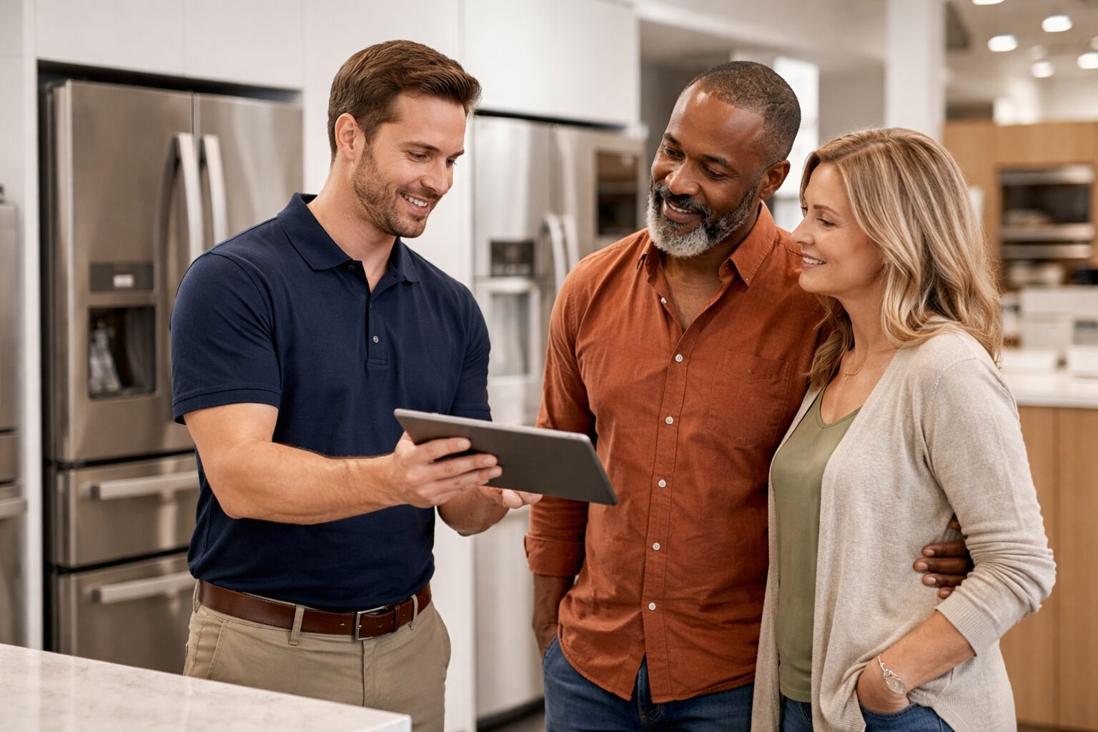 appliance store salesperson assisting a diverse couple with warranty options in a modern appliance showroom