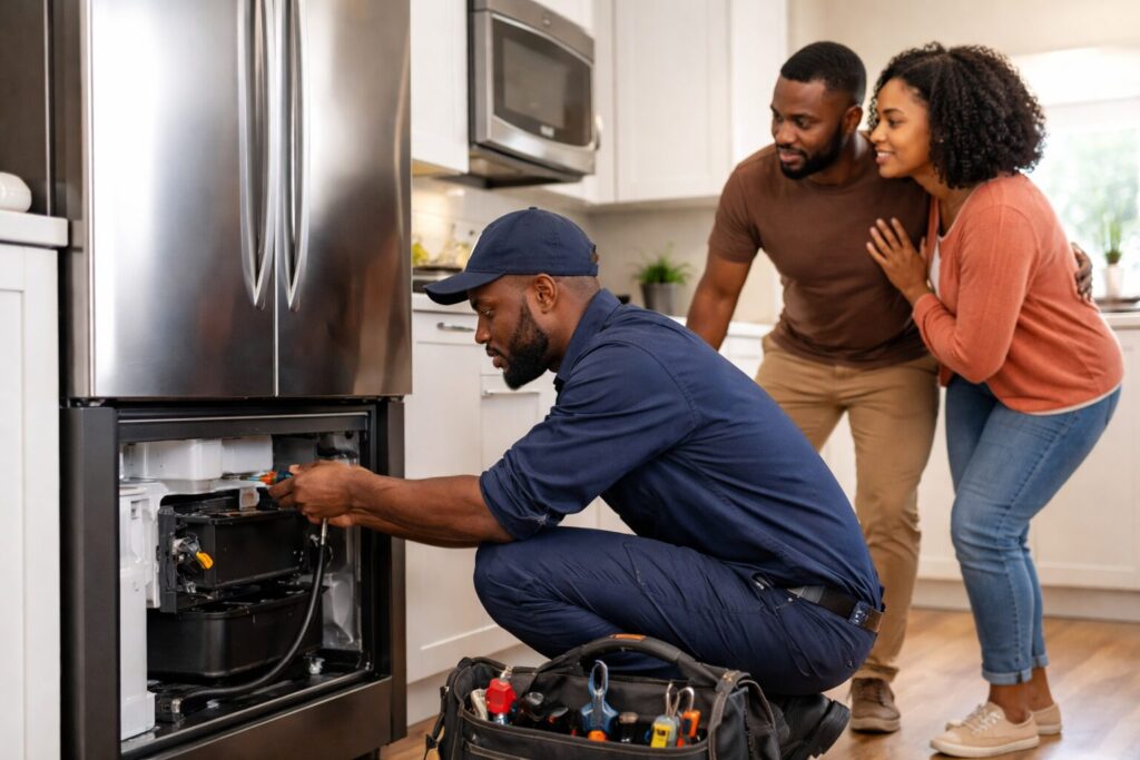 Black couple examining a refrigerator in a modern kitchen discussing appliance warranty coverage options