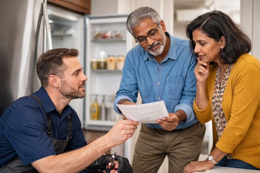 Older Brown couple examining a modern refrigerator in a bright kitchen discussing appliance repair or replacement options