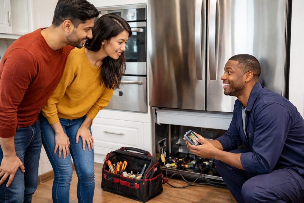 Multicultural family and technician inspecting a modern kitchen appliance during a home service visit