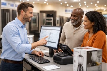 Appliance sales associate assisting a middle-aged couple reviewing warranty options on a tablet in a modern showroom