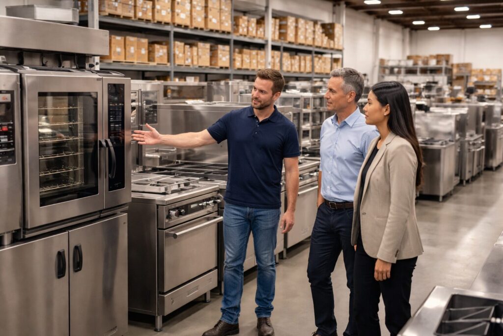 Commercial appliance showroom with staff assisting customers and various equipment displayed in organized rows