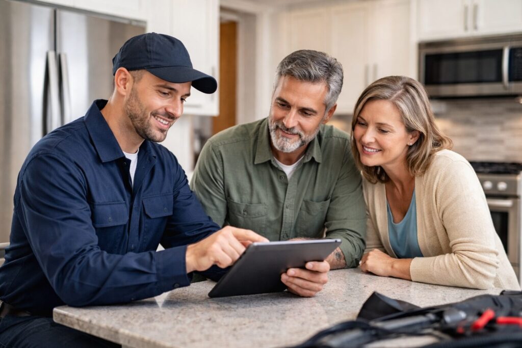 Appliance technician reviewing repair estimate on tablet while homeowner watches in modern kitchen environment