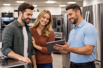 Appliance sales associate assisting a middle-aged couple reviewing warranty options in a modern appliance showroom