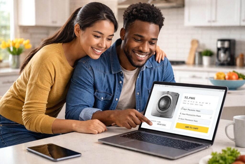 Multicultural family shopping for kitchen appliances in a modern showroom with a sales associate assisting them