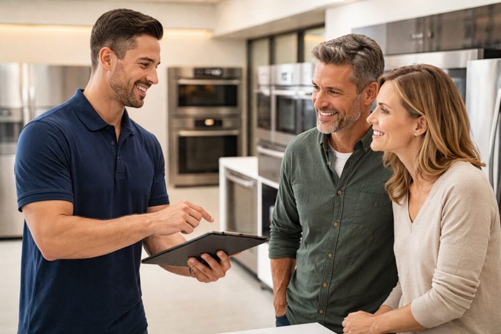 Appliance sales associate explaining extended warranty options to a middle-aged couple in a modern showroom kitchen