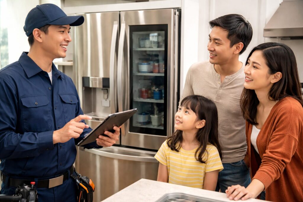 Asian family in modern kitchen talking with appliance technician about repair and warranty options during service visit