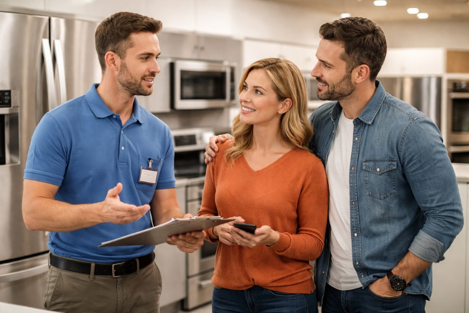 Appliance sales associate discussing warranty options with a middle-aged couple in a modern kitchen showroom