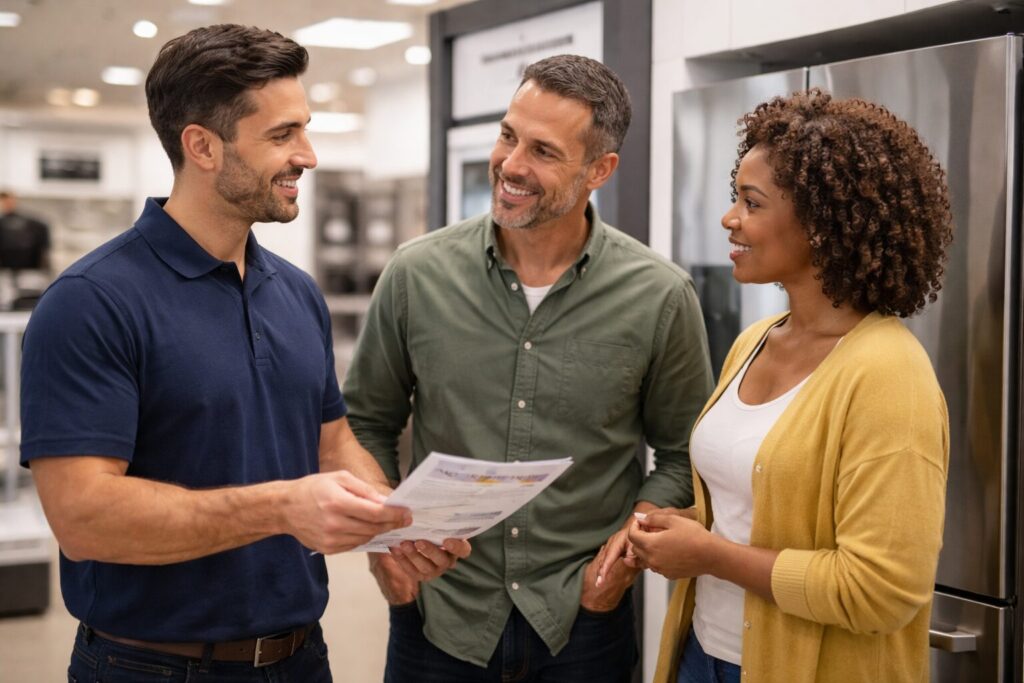 Appliance salesperson discussing extended warranty options with a middle-aged couple in a modern appliance showroom
