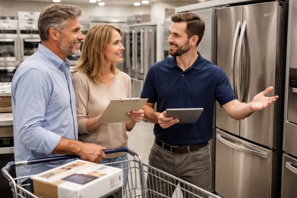 Appliance technician explaining repair options to a middle-aged couple in a modern kitchen showroom