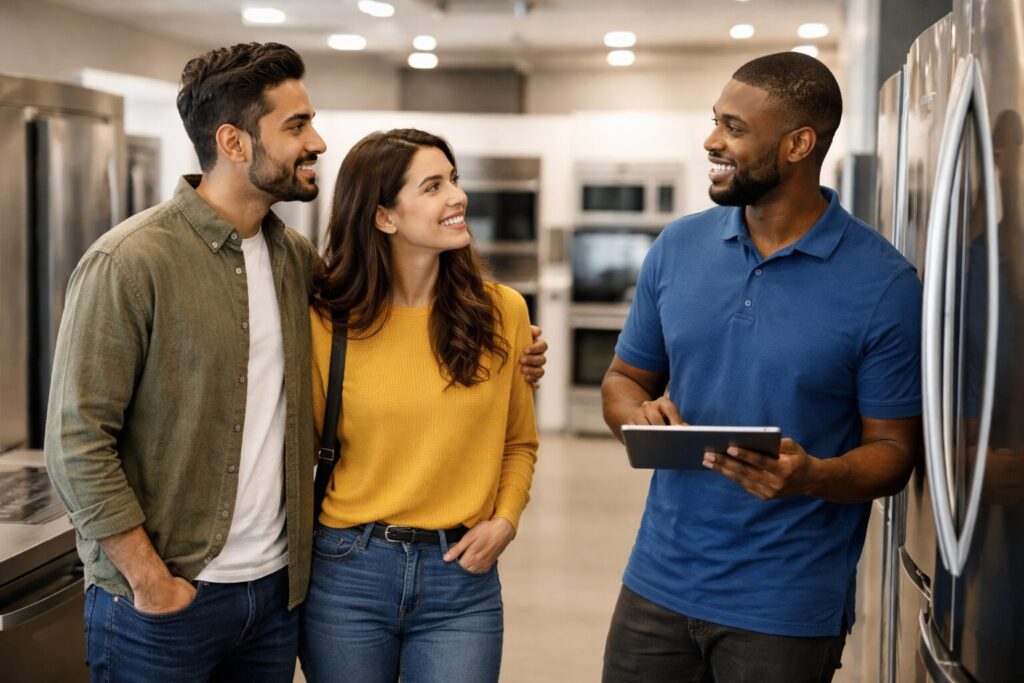 Diverse group of customers and sales associates discussing appliances in a bright, modern showroom with natural interaction
