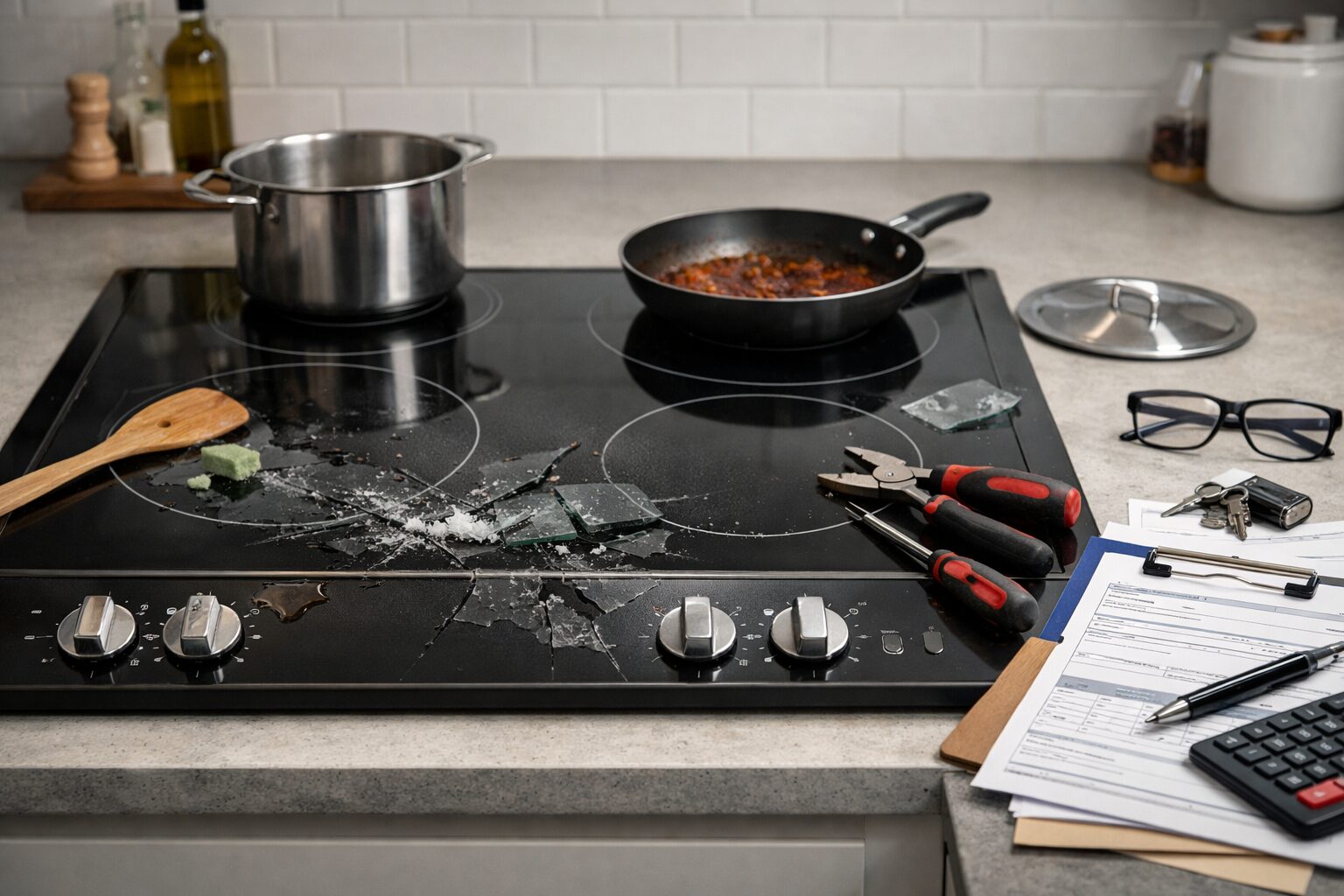 modern kitchen cooktop with visible cracks and repair tools nearby on countertop in natural light environment