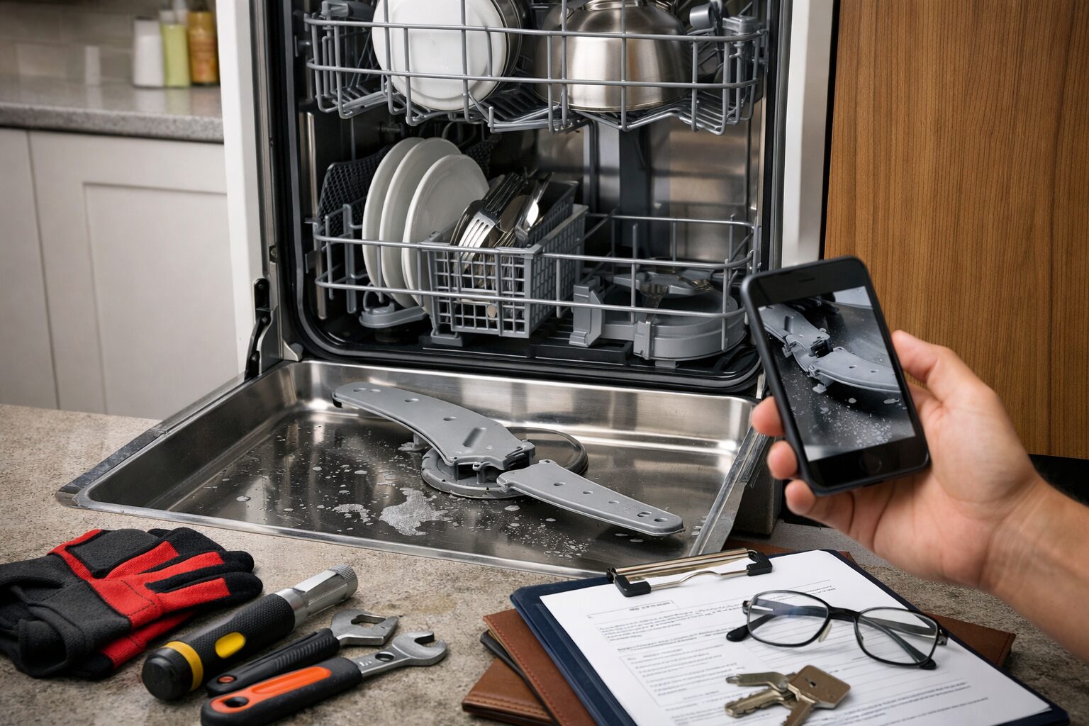 Technician inspecting dishwasher pump and control panel in a modern kitchen repair setting