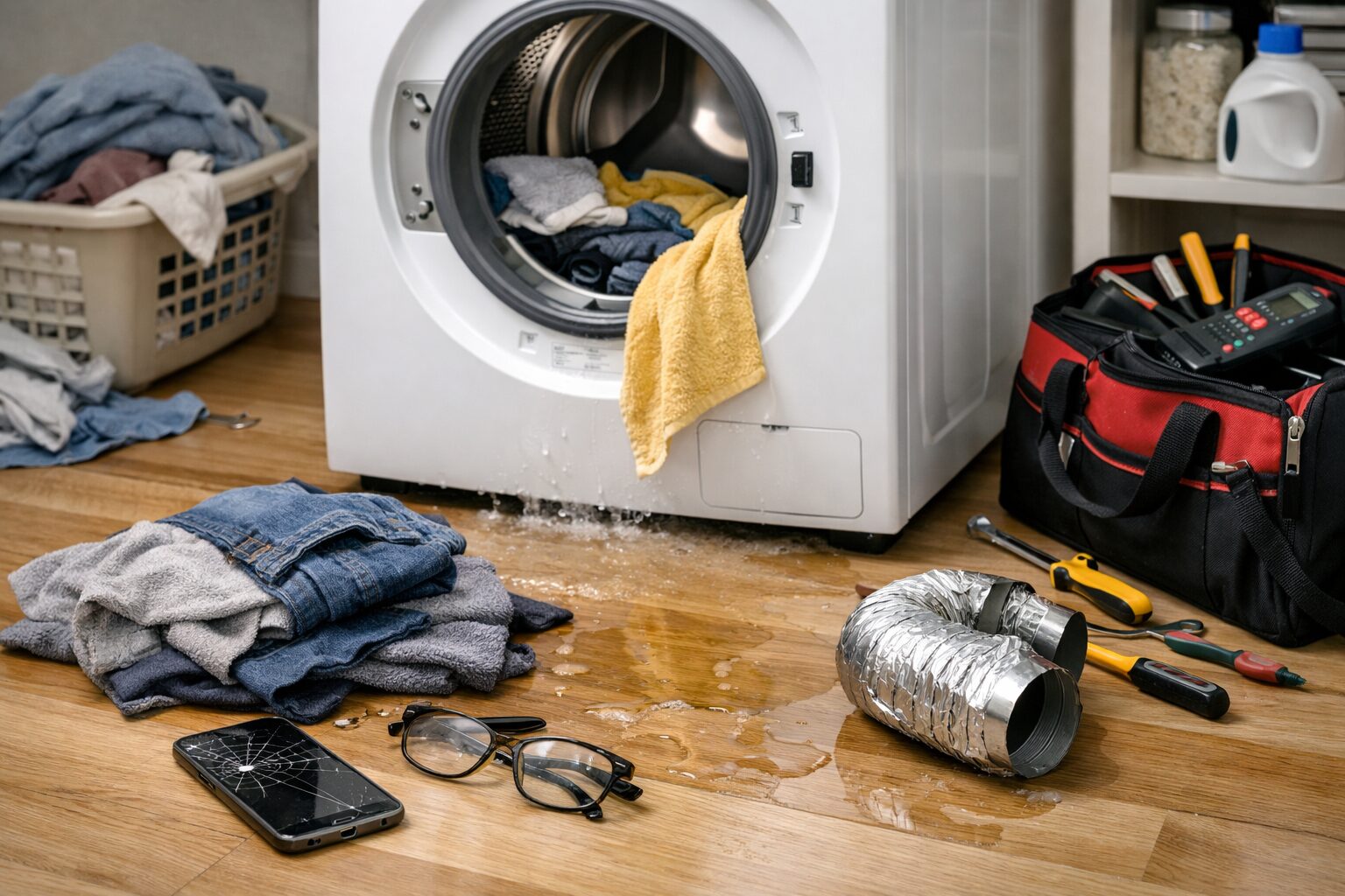 Technician inspecting a modern dryer in a clean laundry room with repair tools nearby and natural lighting