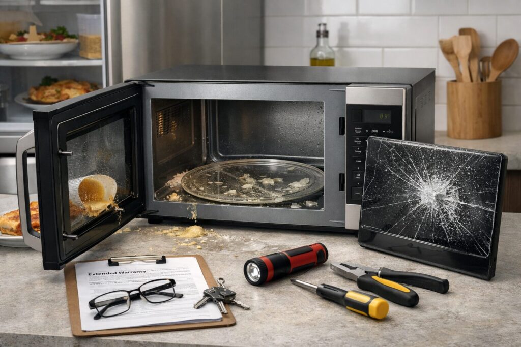 Modern kitchen with a microwave on the counter and a technician inspecting repair tools nearby