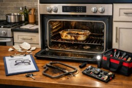 modern kitchen oven with visible control panel and repair tools on countertop indicating appliance maintenance