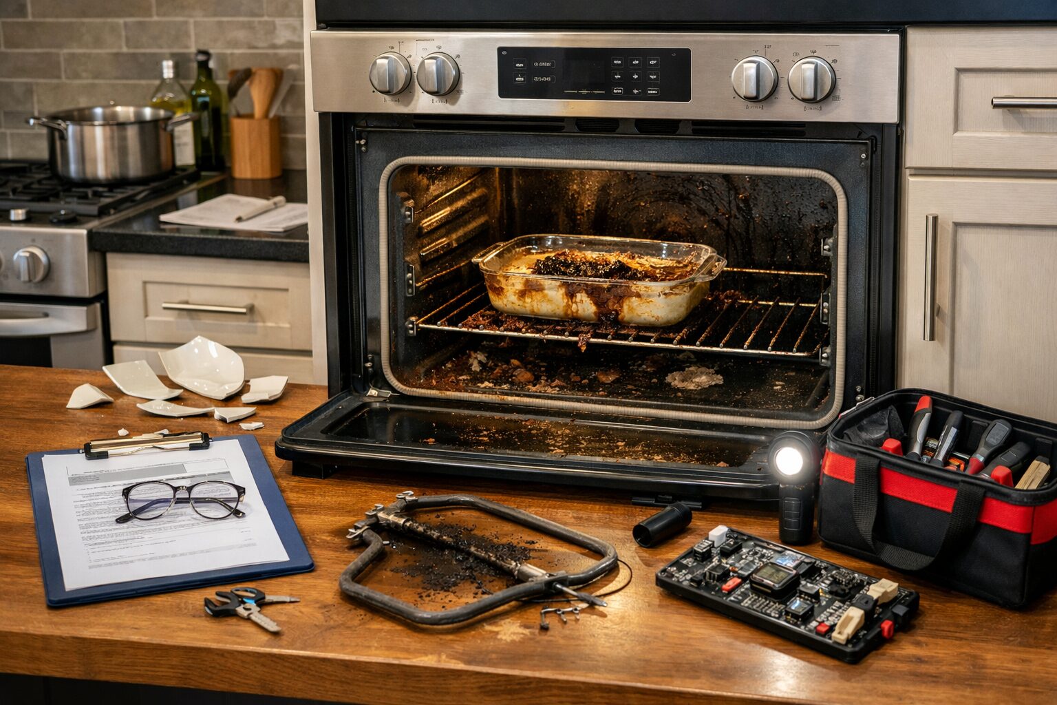 modern kitchen oven with visible control panel and repair tools on countertop indicating appliance maintenance