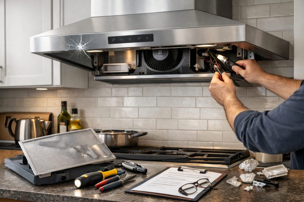 modern kitchen with a clean range hood and visible control panel under natural lighting in a realistic home setting