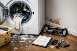 Technician inspecting a washing machine in a modern laundry room with repair tools nearby and natural lighting