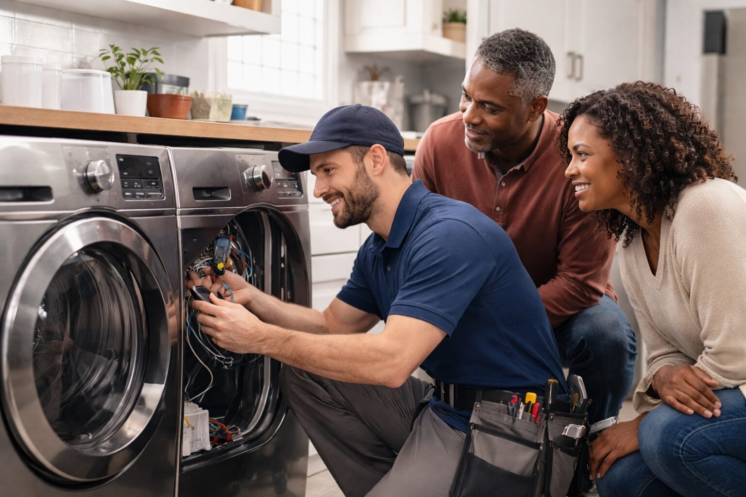 Appliance technician repairing a modern kitchen appliance while homeowner observes and discusses repair options