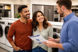Diverse customers and sales associate discussing extended warranty options in a modern appliance store showroom