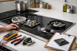 modern kitchen cooktop with visible burners and control panel in a clean, well-lit home environment