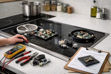 modern kitchen cooktop with visible burners and control panel in a clean, well-lit home environment
