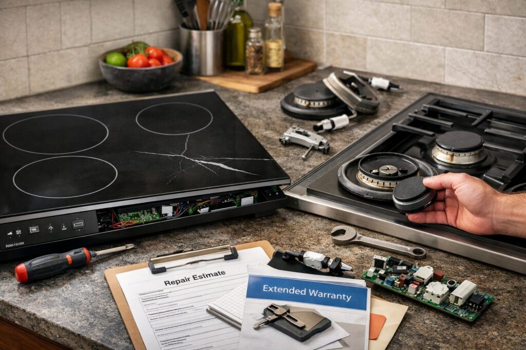modern kitchen cooktop with visible control panel and tools nearby suggesting repair or maintenance in progress