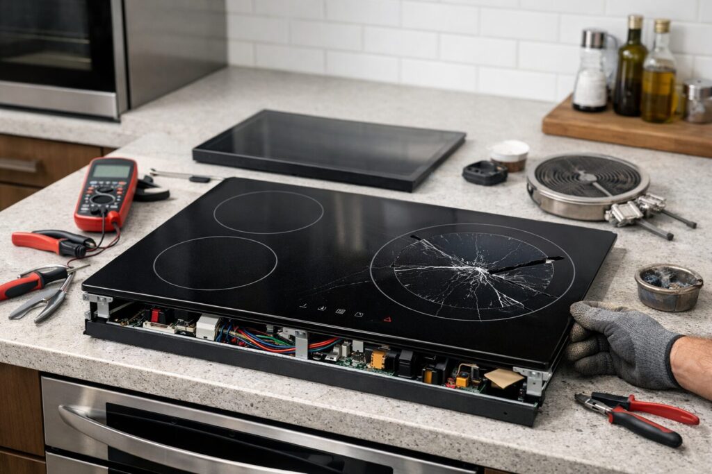 modern kitchen cooktop with visible burner and repair tools on countertop in natural light