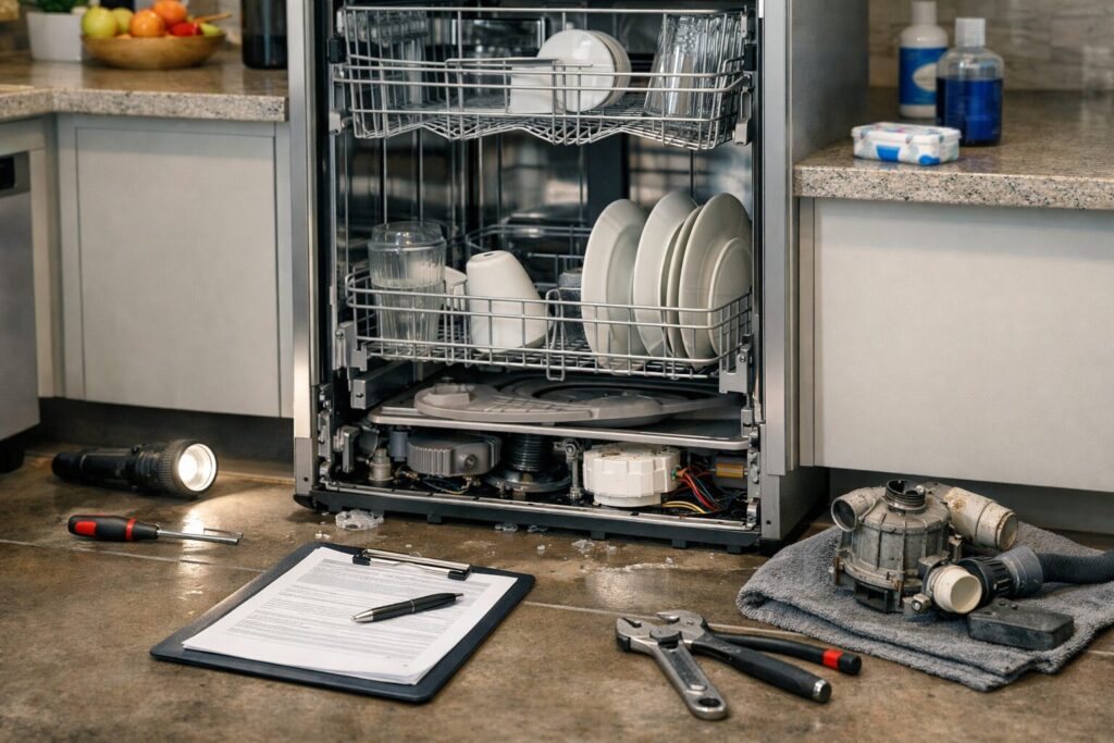 Modern kitchen dishwasher with open door showing clean dishes and a service technician inspecting controls nearby