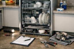 Modern kitchen dishwasher with open door showing clean dishes and a service technician inspecting controls nearby